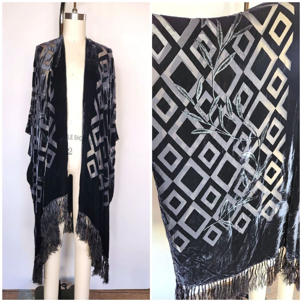 Crushed VELVET Fringed Duster Cloak Cape Flapper Shawl Piano - OS